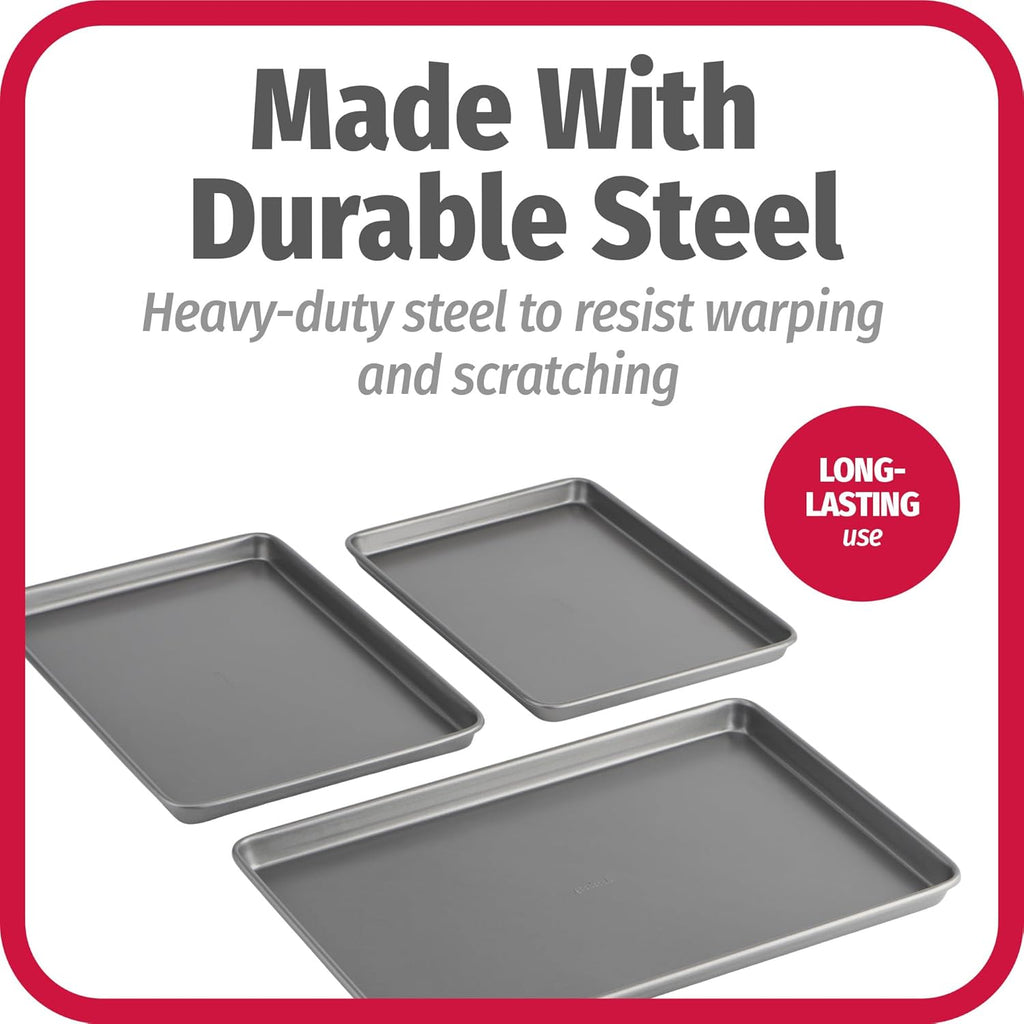 DISHFRONT Nonstick Baking Sheet Set – 3-Piece Heavy-Duty Steel Cookie & Baking Pan Set